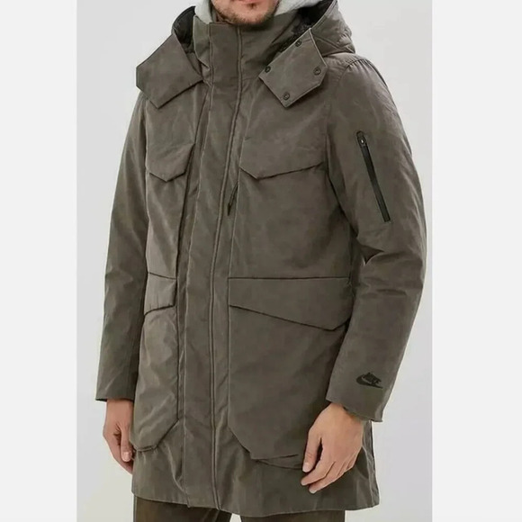 Nike Sportswear Tech Pack Down Fill Hooded Parka Jacket Coat Grey Green Sz Large - Picture 1 of 9